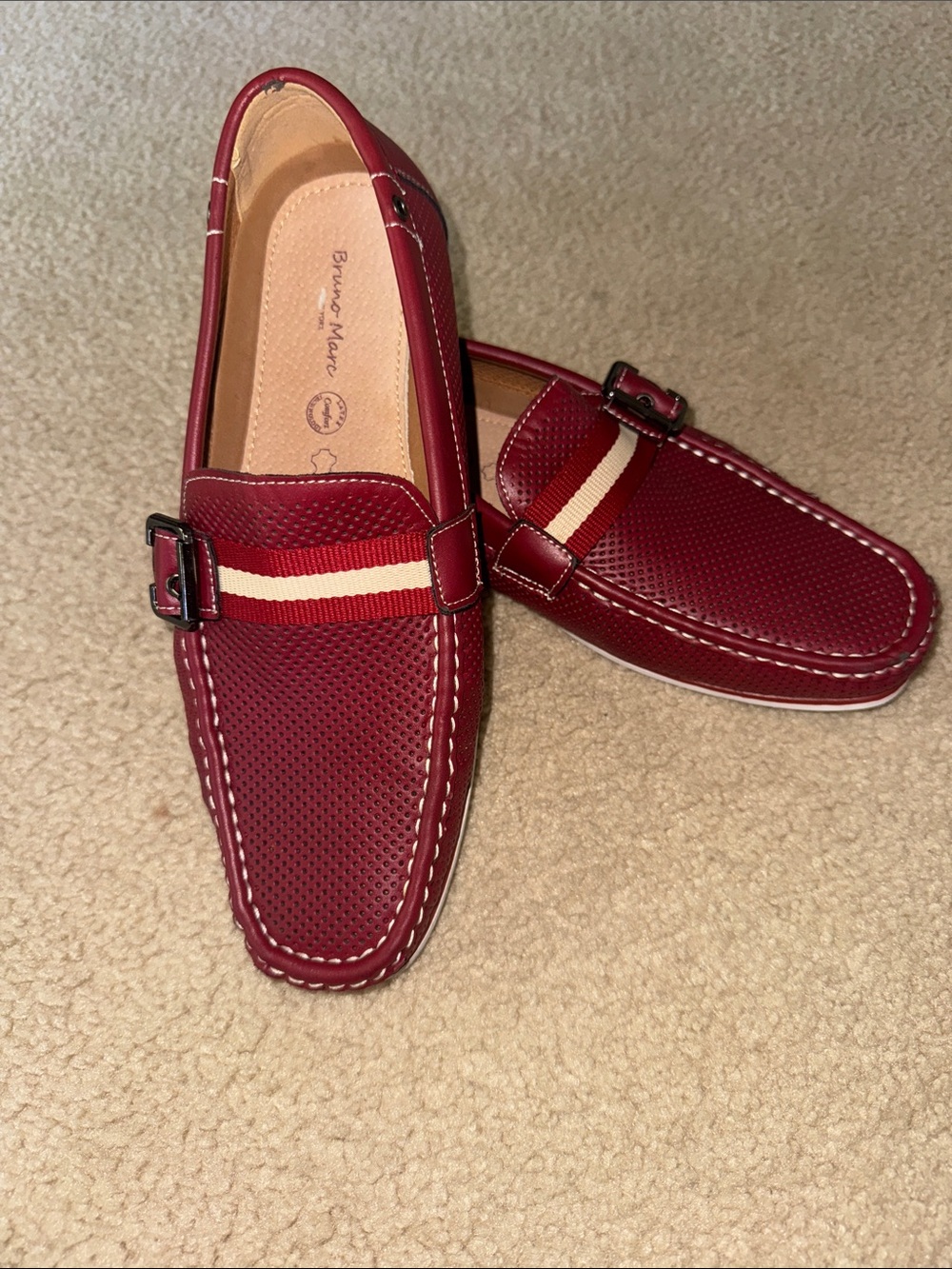 Men's Burgundy Perforated Slip-On Loafers with Stripe Accent